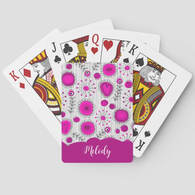 Whimsical pink white hearts flowers floral name poker cards (Back)