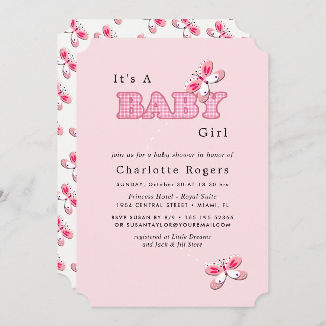 Whimsical Pink & White Pretty Butterflies Invitation (Front/Back)
