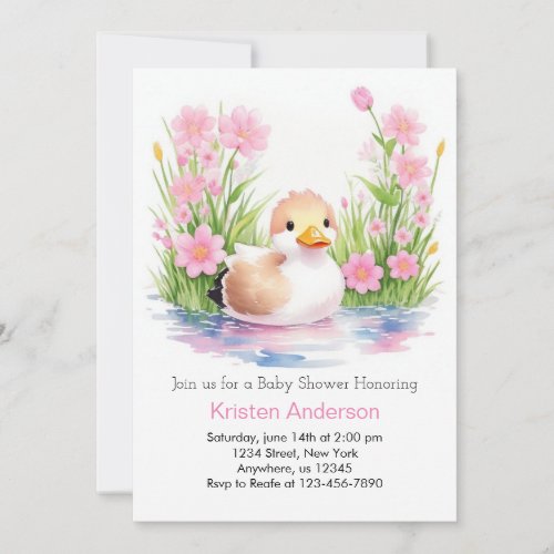 Whimsical Pink Wildflower Duck Girl Baby Shower Invitation