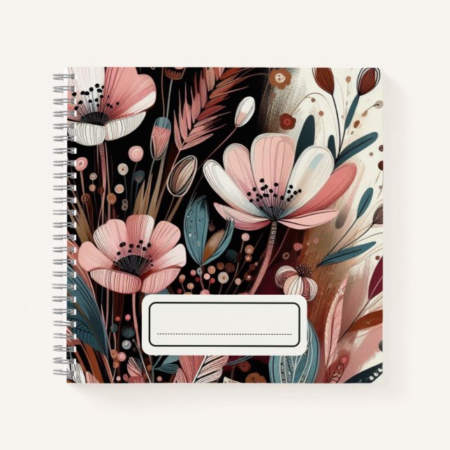  Whimsical Pink Wildflower with Golden Accents Notebook (Front)