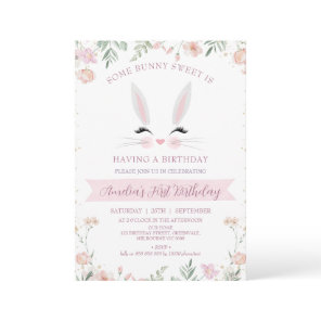 Whimsical Pink Wildflowers Some Bunny 1st Birthday Invitation