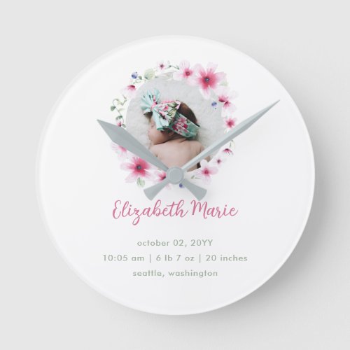 Whimsical Pink Wildflowers Wreath Birth Stats Gift Round Clock