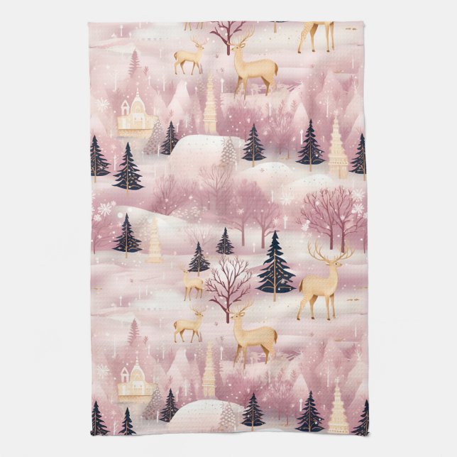Whimsical Pink Winter Landscape (1) Kitchen Towel (Vertical)