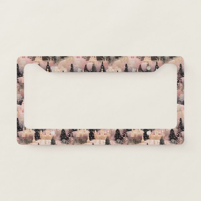 Whimsical Pink Winter Landscape (2) License Plate Frame (Front)
