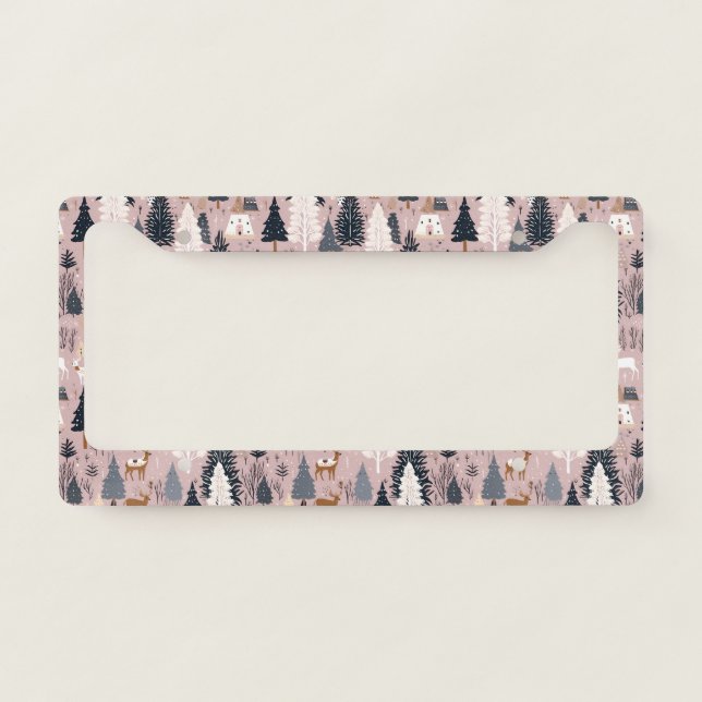 Whimsical Pink Winter Landscape (3) License Plate Frame (Front)