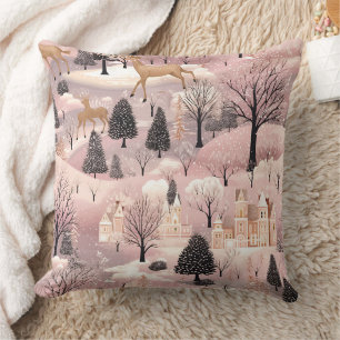 Whimsical Pink Winter Landscape (4) Throw Pillow