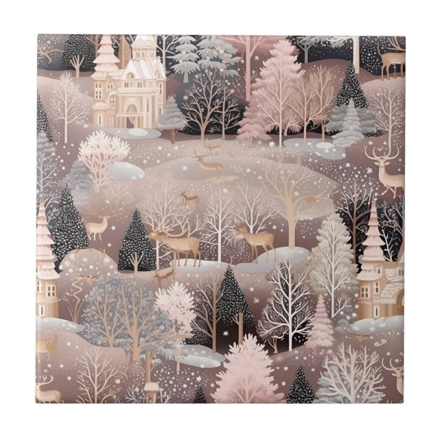 Whimsical Pink Winter Landscape (5) Ceramic Tile (Front)