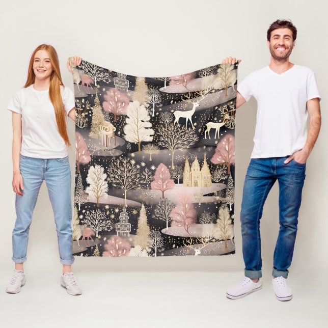 Whimsical Pink Winter Landscape (6) Fleece Blanket (In Situ)