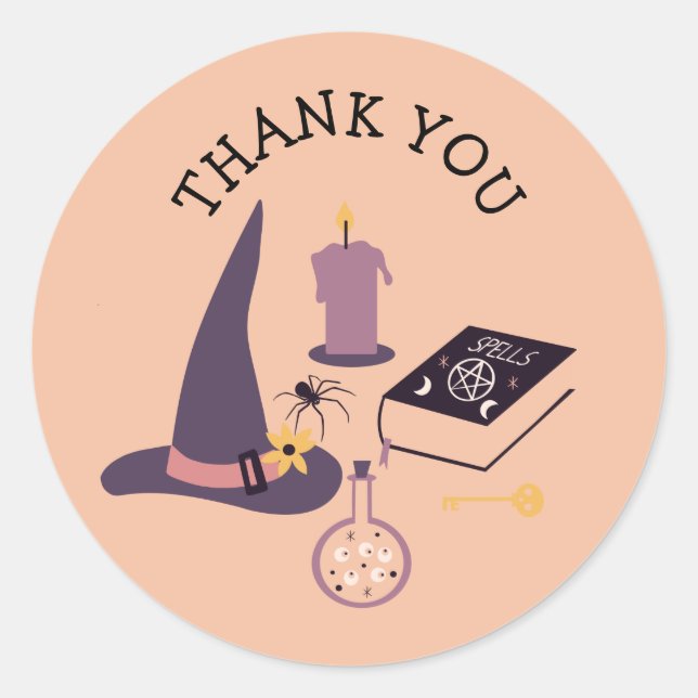 Whimsical pink witch themed classic round sticker (Front)