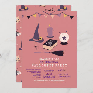 Whimsical pink witch themed invitation