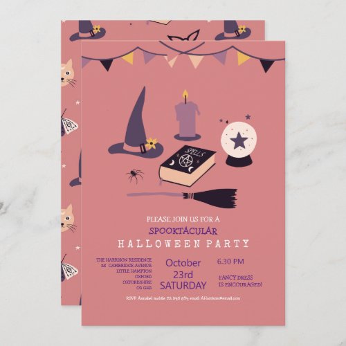 Whimsical pink witch themed  invitation