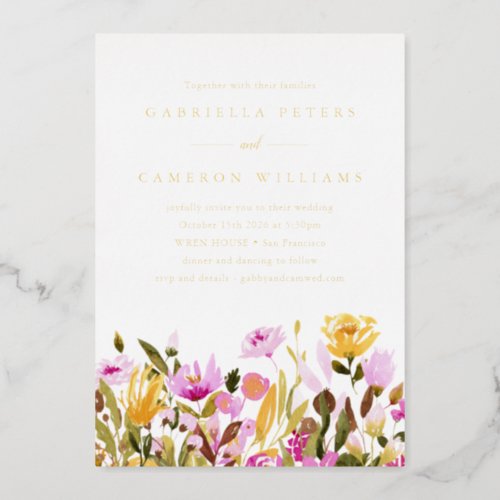 Whimsical Pink Yellow Watercolor Floral Wedding Foil Invitation
