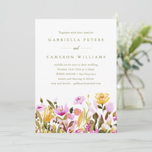 Whimsical Pink Yellow Watercolor Floral Wedding Invitation