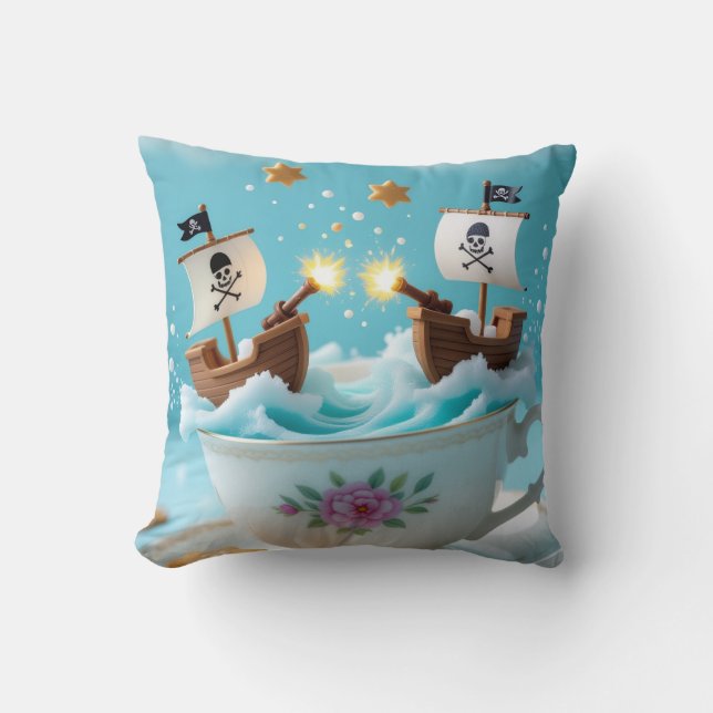 Whimsical Pirate Ships in Teacup Cushion – Cute Fa (Front)