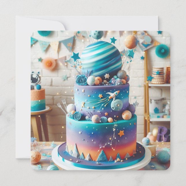 WHIMSICAL PLANET THEME  KIDS BIRTHDAY CAKE CARD (Front)