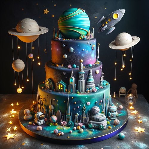 WHIMSICAL PLANETS  ROCKETS KIDS BIRTHDAY CAKE CARD