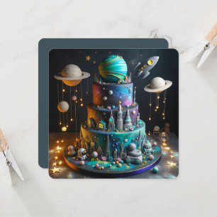 WHIMSICAL PLANETS & ROCKETS KIDS BIRTHDAY CAKE CARD