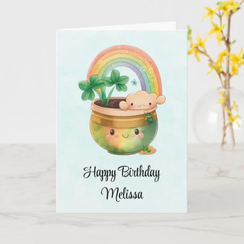 Whimsical Planter with Rainbow  Clover Birthday Card