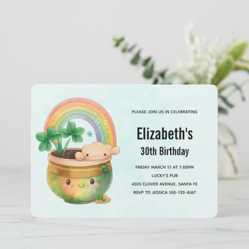 Whimsical Planter with Rainbow  Clover Birthday Invitation