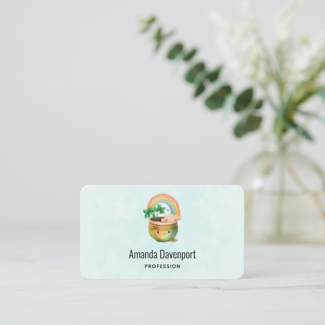 Whimsical Planter with Rainbow & Clover Business Card (Standing Front)
