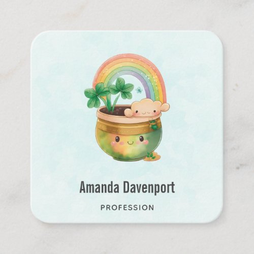 Whimsical Planter with Rainbow  Clover Square Business Card