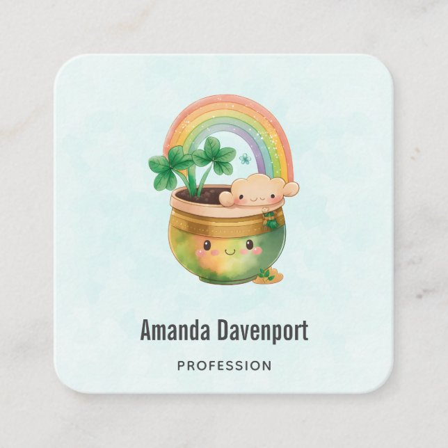 Whimsical Planter with Rainbow & Clover Square Business Card (Front)