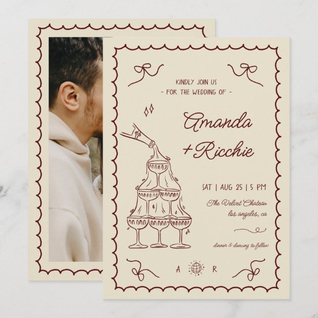 Whimsical Playful Champagne Tower Doodle Wedding Invitation (Front/Back)