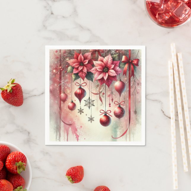 Whimsical Poinsettia Christmas Ornaments Découpage Napkins (Insitu)
