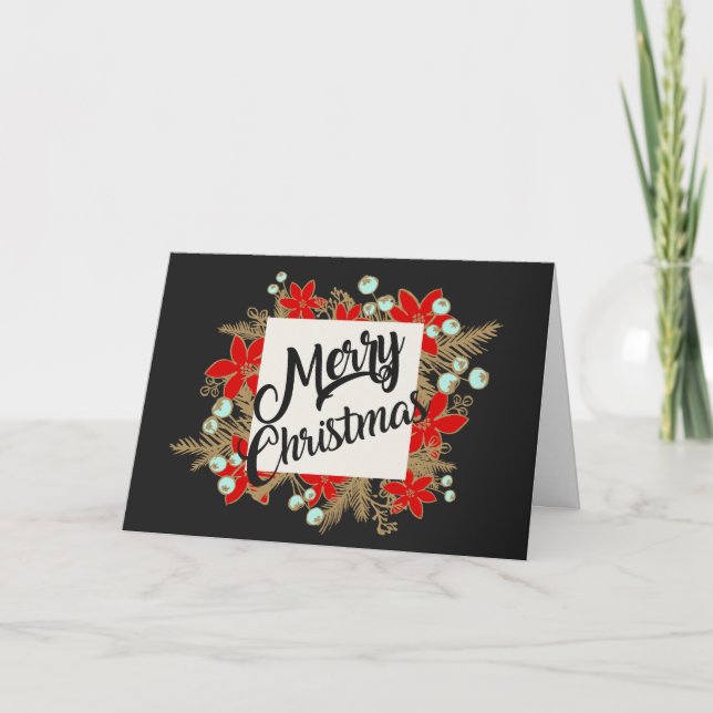 Whimsical Poinsettias Merry Christmas Wreath Holiday Card (Front)