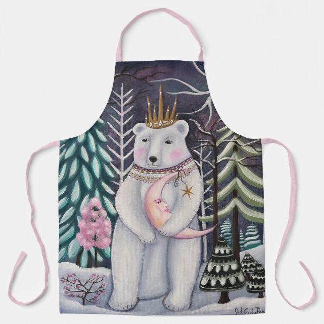 Whimsical Polar Bear and Moon Winter Art Apron (Front)
