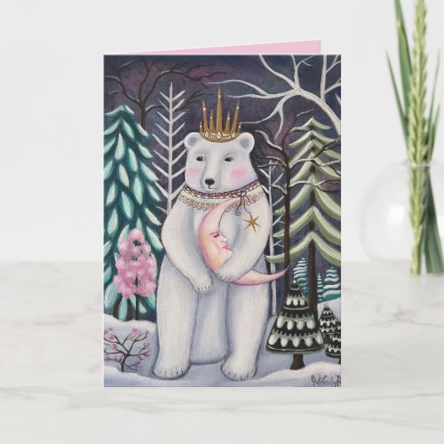 Whimsical Polar Bear and Moon Winter Art Card