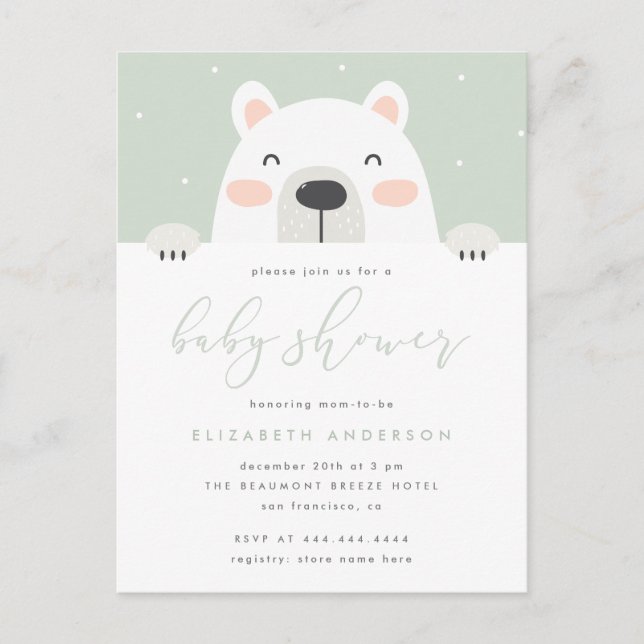 Whimsical Polar Bear Cartoon Winter Baby Shower Invitation Postcard (Front)