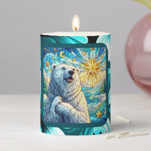 Whimsical Polar Bear Faux Stained Glass Winter Pillar Candle