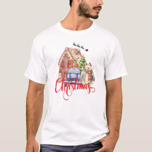 Whimsical Polar Bear & Gingerbread House Christmas T-Shirt