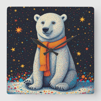 Whimsical Polar Bear In Orange Scarf Square Wall Clock