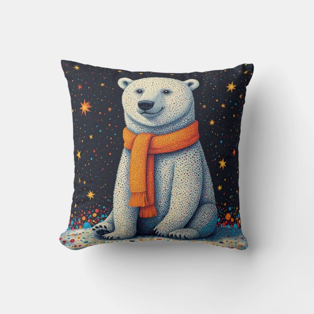 Whimsical Polar Bear In Orange Scarf Throw Pillow (Front)