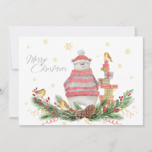 Whimsical Polar Bear With Holiday Greens and Birds