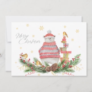 Whimsical Polar Bear With Holiday Greens and Birds