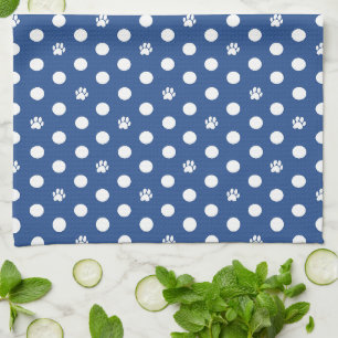 Whimsical Polka Dot Dog Paw Print Blue Kitchen Towel