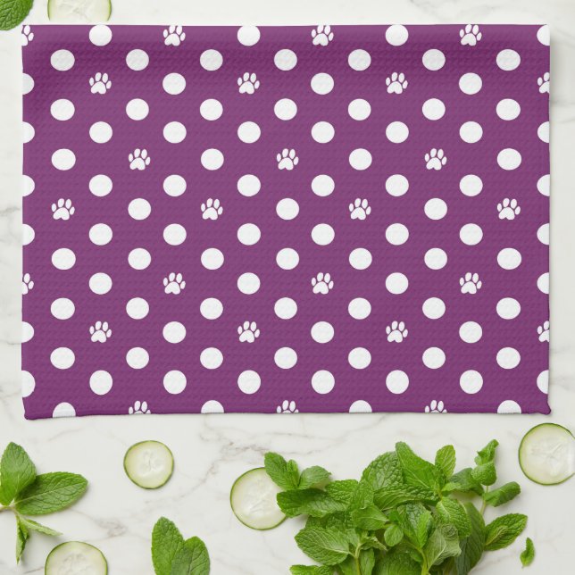 Whimsical Polka Dot Dog Paw Print Purple Kitchen Towel (Folded)