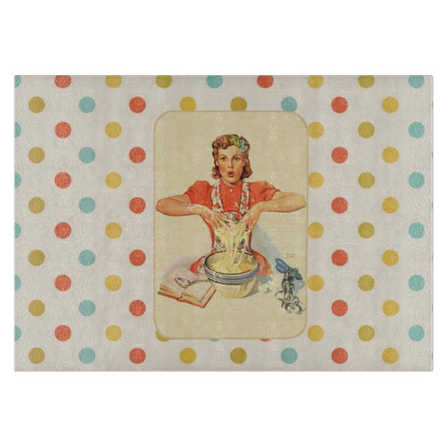 Whimsical Polka Dot Vintage Cook Cutting Board (Front)