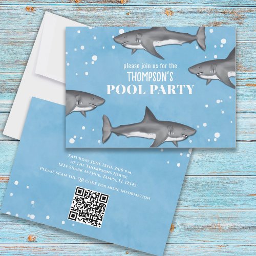 Whimsical Pool Party Ocean Swimming Sharks QR Code Invitation
