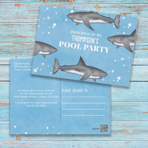 Whimsical Pool Party Sharks Blue Ocean Cute Simple Postcard