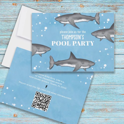 Whimsical Pool Party Sharks QR Code Social Media Invitation