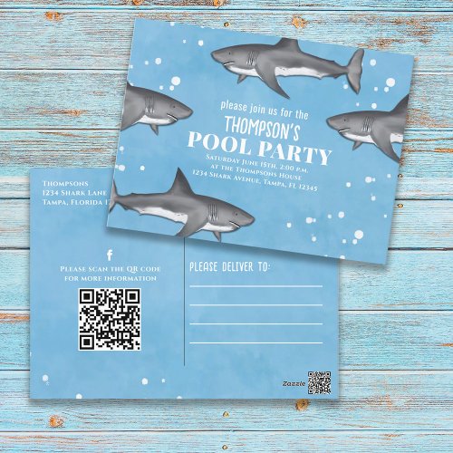 Whimsical Pool Party Sharks QR Code Social Media Postcard