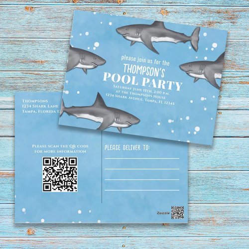 Whimsical Pool Party Sharks QR Code Website Postcard