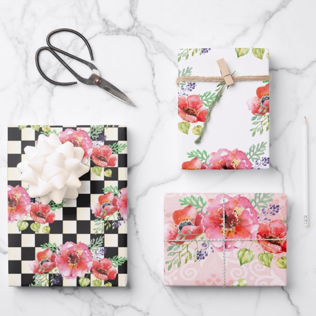 Whimsical Poppy Wrapping Paper Set of 3 (Front)