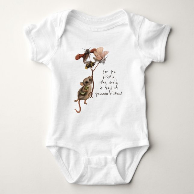 Whimsical Possum and Inspirational Adventure Quote Baby Bodysuit (Front)