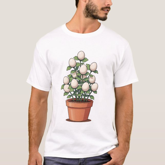 Whimsical Potted Egg-Plant Illustration T-Shirt (Front)