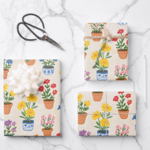 Whimsical Potted Flowers Botanical Illustration Wrapping Paper Sheets